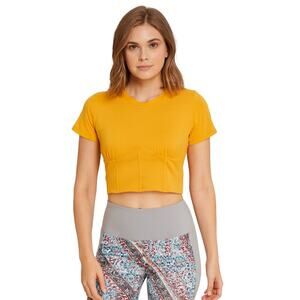 See You Monday Mustard Yellow Ribbed Corset-Style Crop Top - Size Small, NWOT